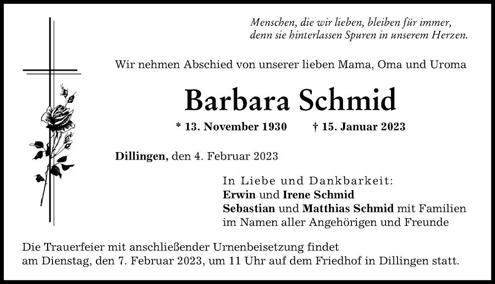 Traueranzeige von Barbara Schmid von Donau Zeitung