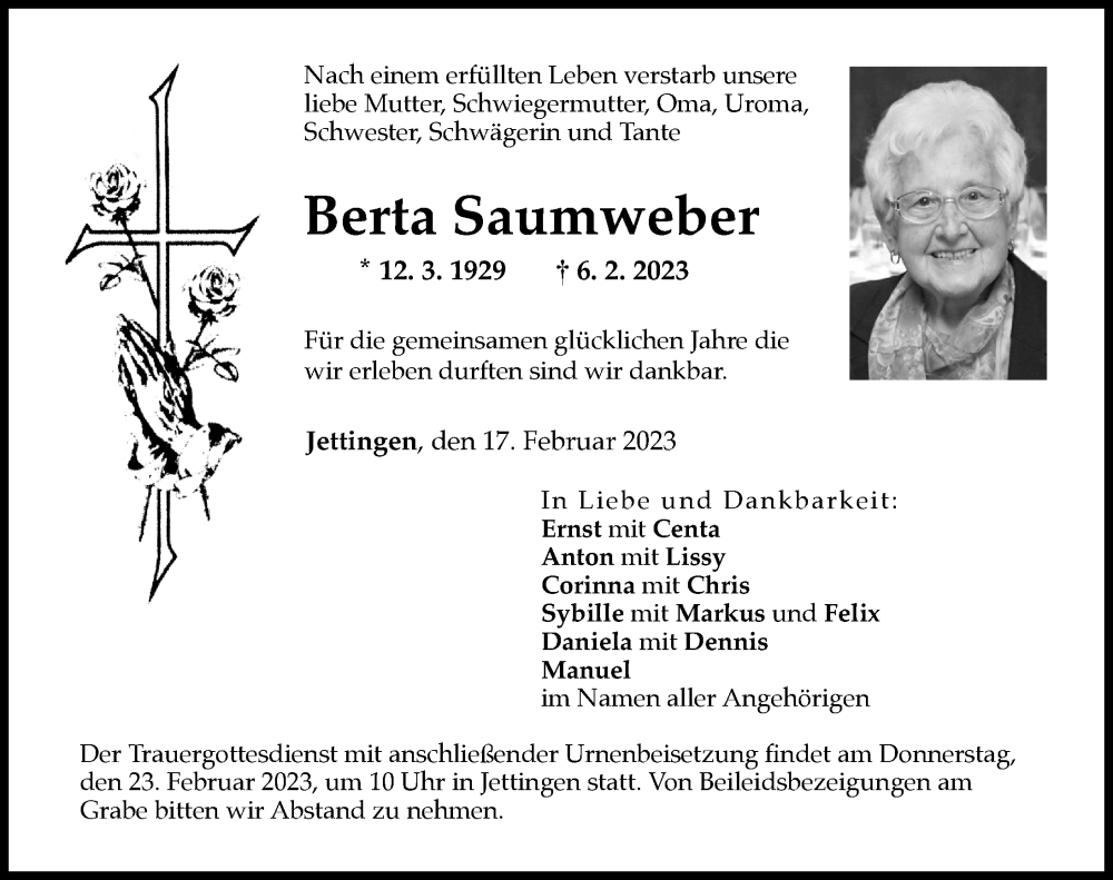 Traueranzeige von Berta Saumweber von Günzburger Zeitung