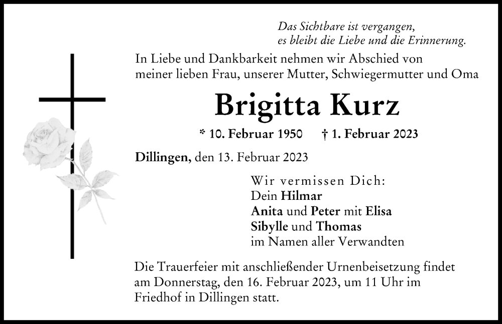 Traueranzeige von Brigitta Kurz von Donau Zeitung