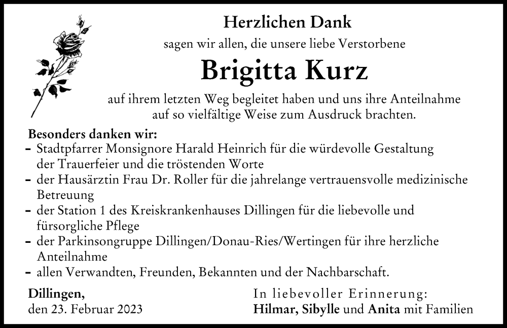 Traueranzeige von Brigitta Kurz von Donau Zeitung