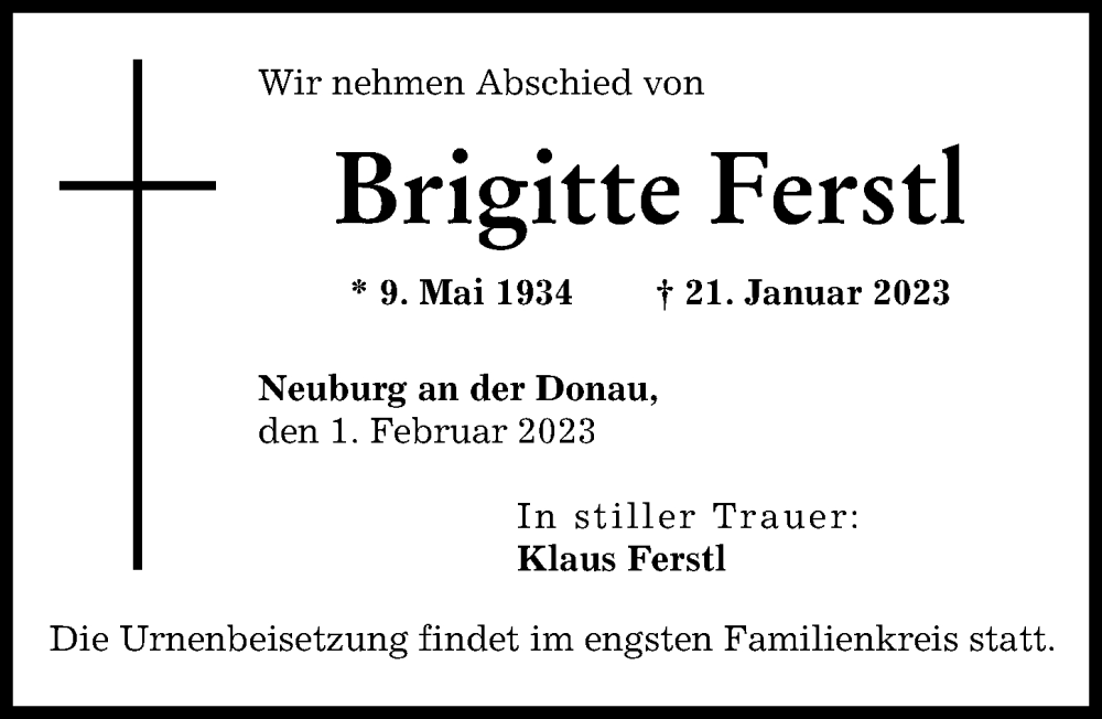  Traueranzeige für Brigitte Ferstl vom 01.02.2023 aus Neuburger Rundschau