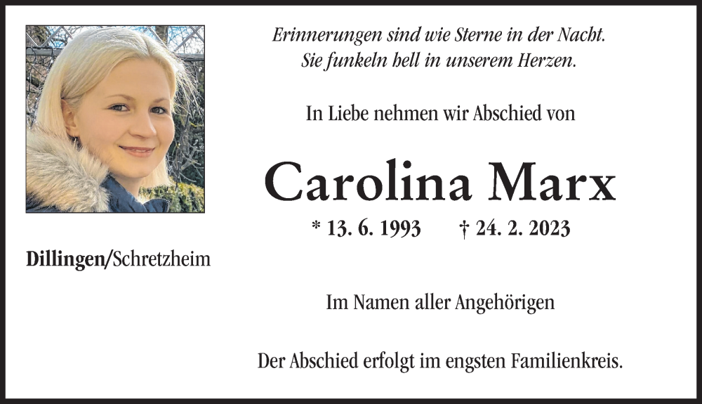  Traueranzeige für Carolina Marx vom 01.03.2023 aus Donau Zeitung