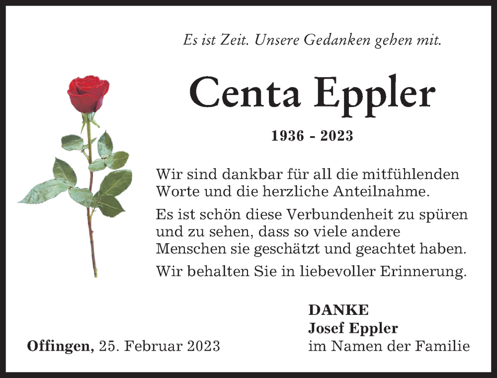  Traueranzeige für Centa Eppler vom 25.02.2023 aus Günzburger Zeitung