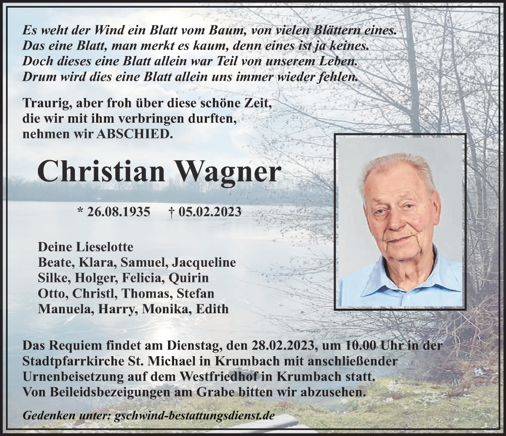 Traueranzeige von Christian Wagner von Mittelschwäbische Nachrichten