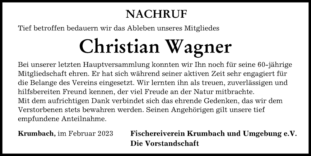 Traueranzeige von Christian Wagner von Mittelschwäbische Nachrichten