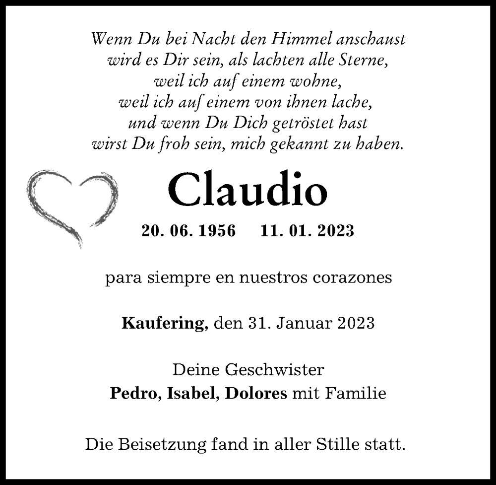  Traueranzeige für Claudio  vom 31.01.2023 aus Landsberger Tagblatt