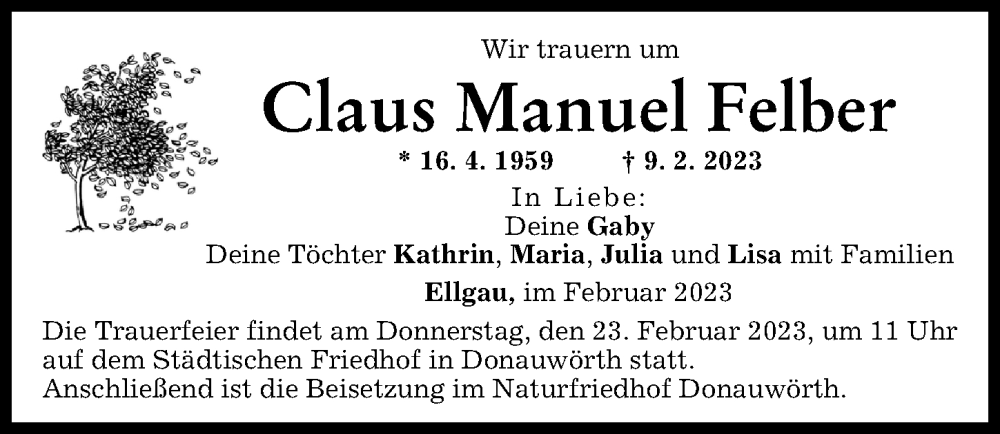 Traueranzeige von Claus Manuel Felber von Augsburg-Land