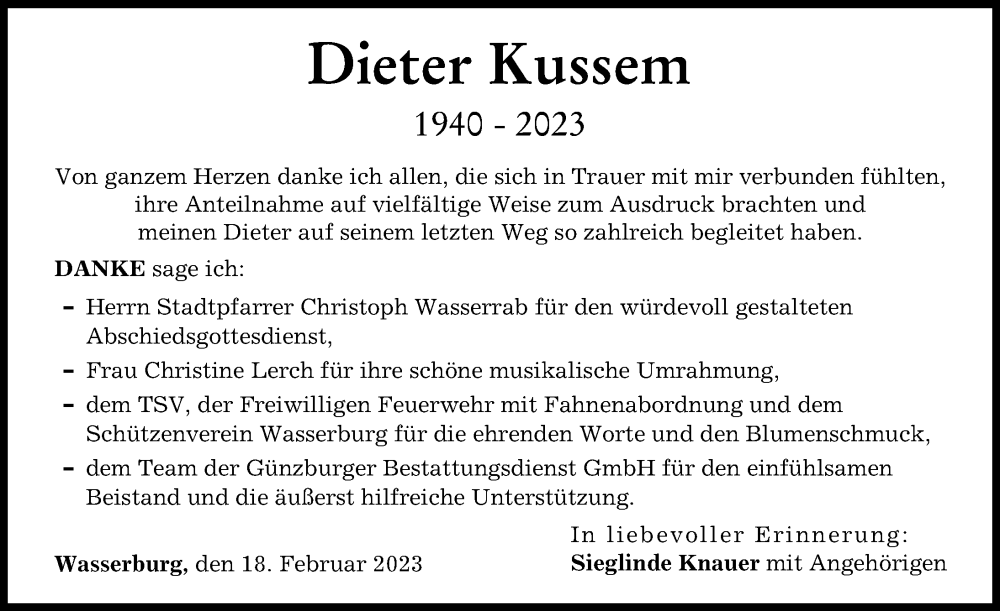  Traueranzeige für Dieter Kussem vom 18.02.2023 aus Günzburger Zeitung