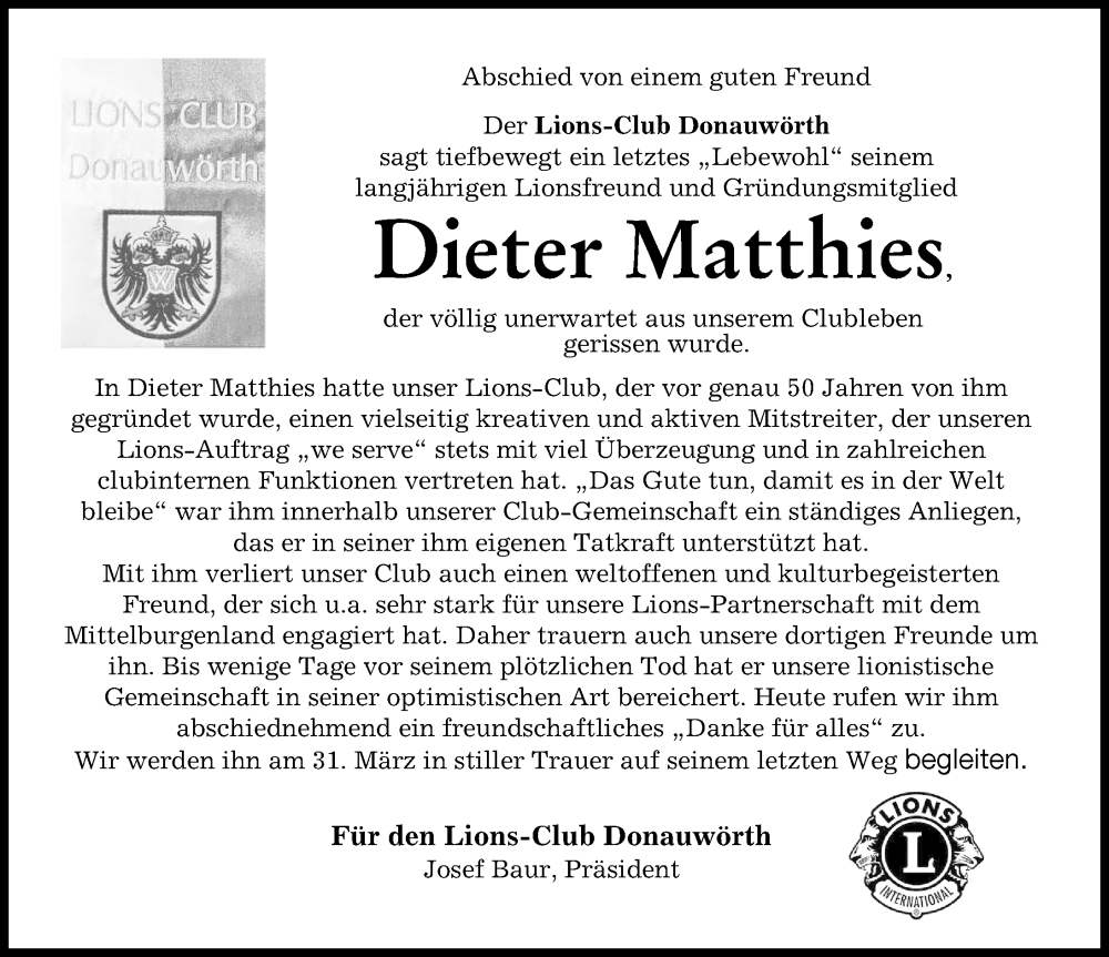 Traueranzeige von Dieter Matthies von Donauwörther Zeitung