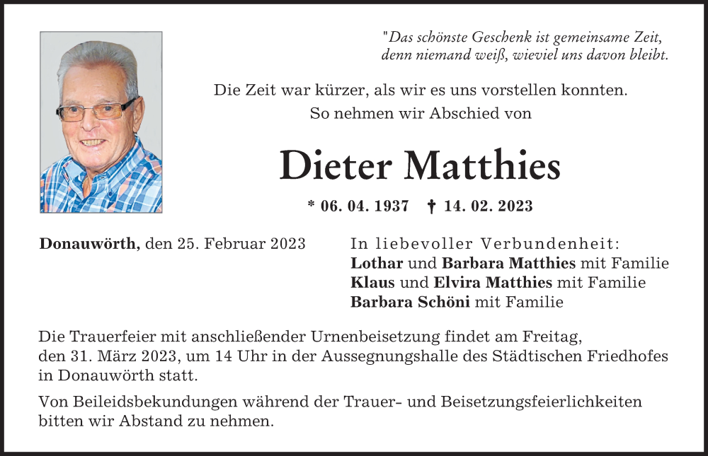 Traueranzeige von Dieter Matthies von Donauwörther Zeitung