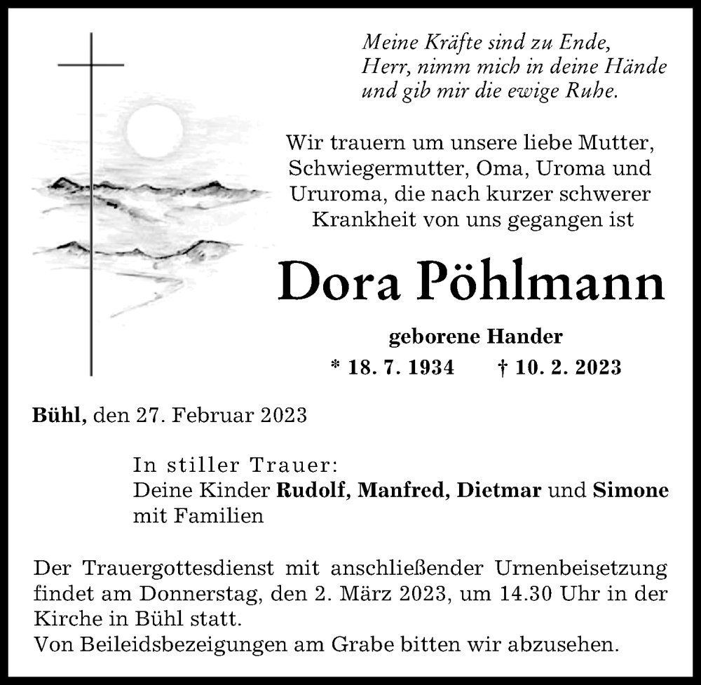Traueranzeige von Dora Pöhlmann von Günzburger Zeitung