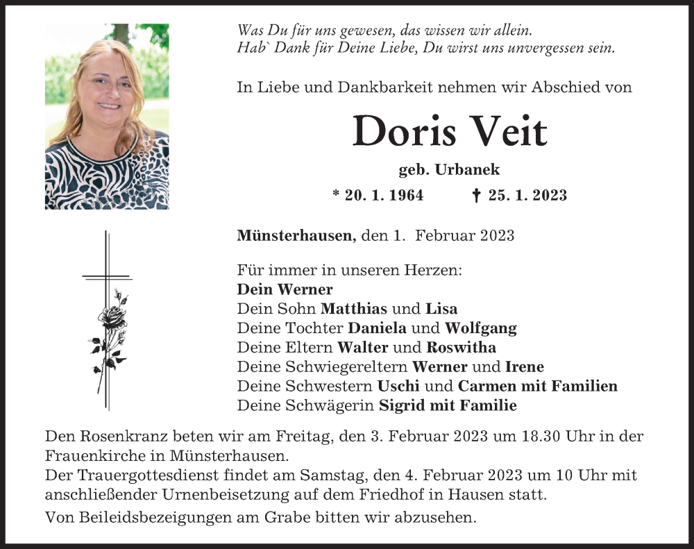  Traueranzeige für Doris Veit vom 01.02.2023 aus Mittelschwäbische Nachrichten, Günzburger Zeitung