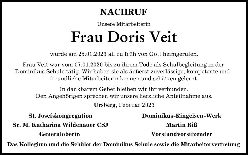  Traueranzeige für Doris Veit vom 04.02.2023 aus Mittelschwäbische Nachrichten