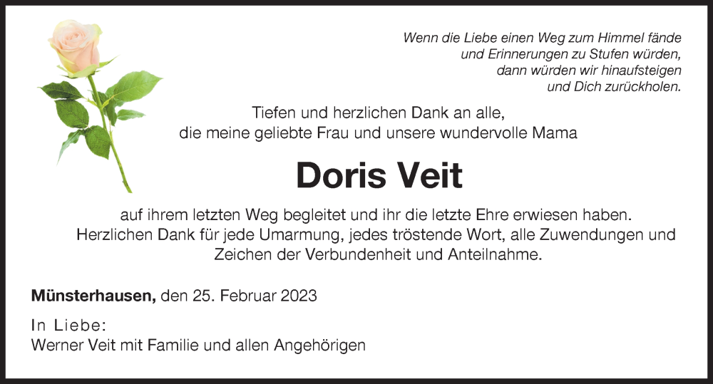  Traueranzeige für Doris Veit vom 25.02.2023 aus Mittelschwäbische Nachrichten, Günzburger Zeitung