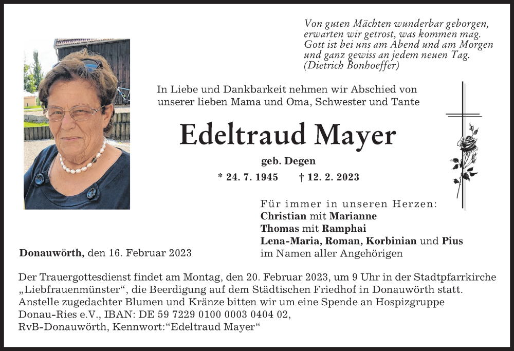 Traueranzeige von Edeltraud Mayer von Donauwörther Zeitung, Rieser Nachrichten