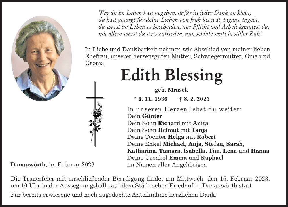 Traueranzeige von Edith Blessing von Donauwörther Zeitung