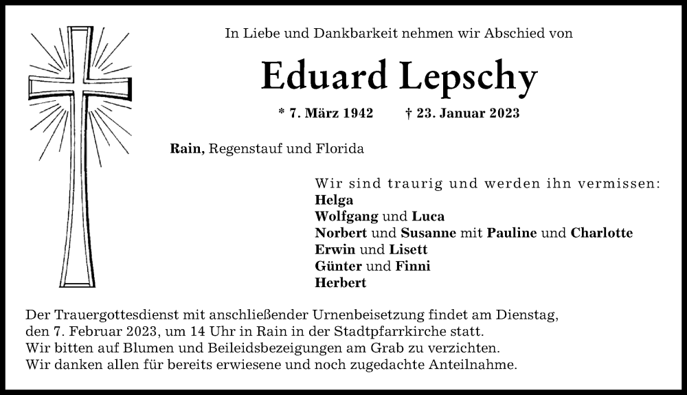  Traueranzeige für Eduard Lepschy vom 03.02.2023 aus Donauwörther Zeitung