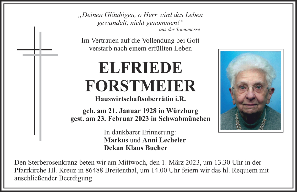 Traueranzeige von Elfriede Forstmeier von Schwabmünchner Allgemeine, Mittelschwäbische Nachrichten