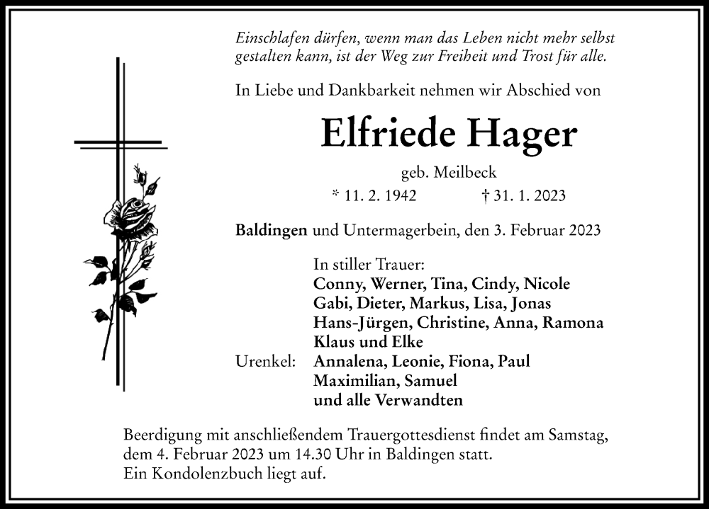  Traueranzeige für Elfriede Hager vom 03.02.2023 aus Rieser Nachrichten