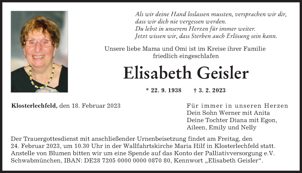Traueranzeigen von Elisabeth Geisler | Augsburger Allgemeine Zeitung