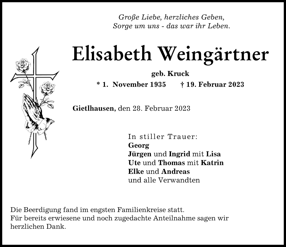  Traueranzeige für Elisabeth Weingärtner vom 28.02.2023 aus Neuburger Rundschau