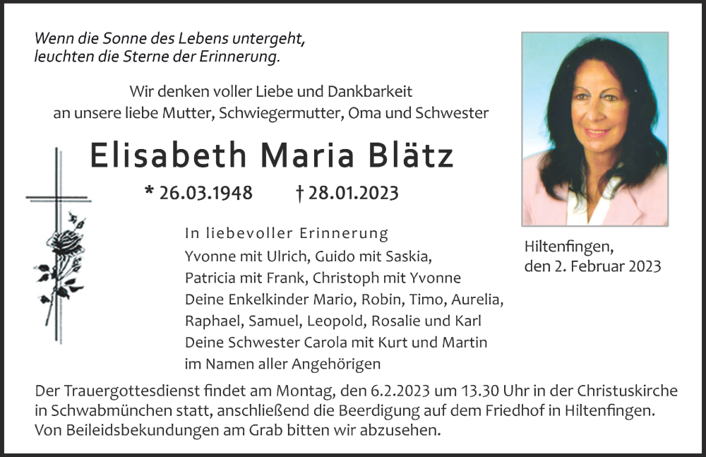  Traueranzeige für Elisabeth Maria Blätz vom 02.02.2023 aus Schwabmünchner Allgemeine
