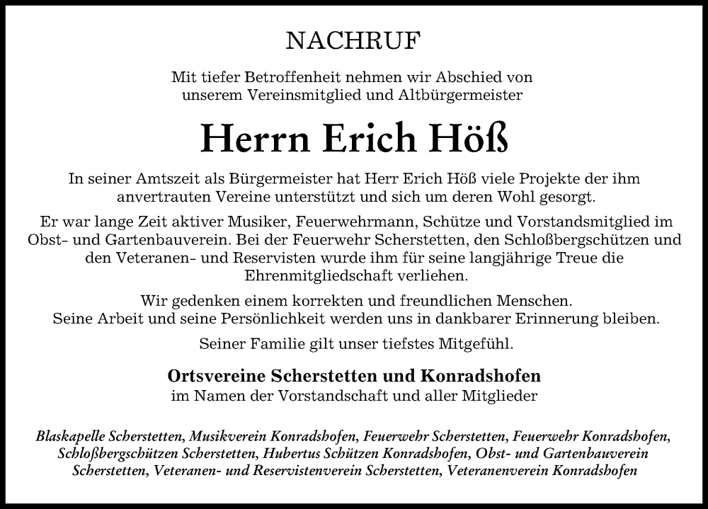  Traueranzeige für Erich Höß vom 04.02.2023 aus Schwabmünchner Allgemeine