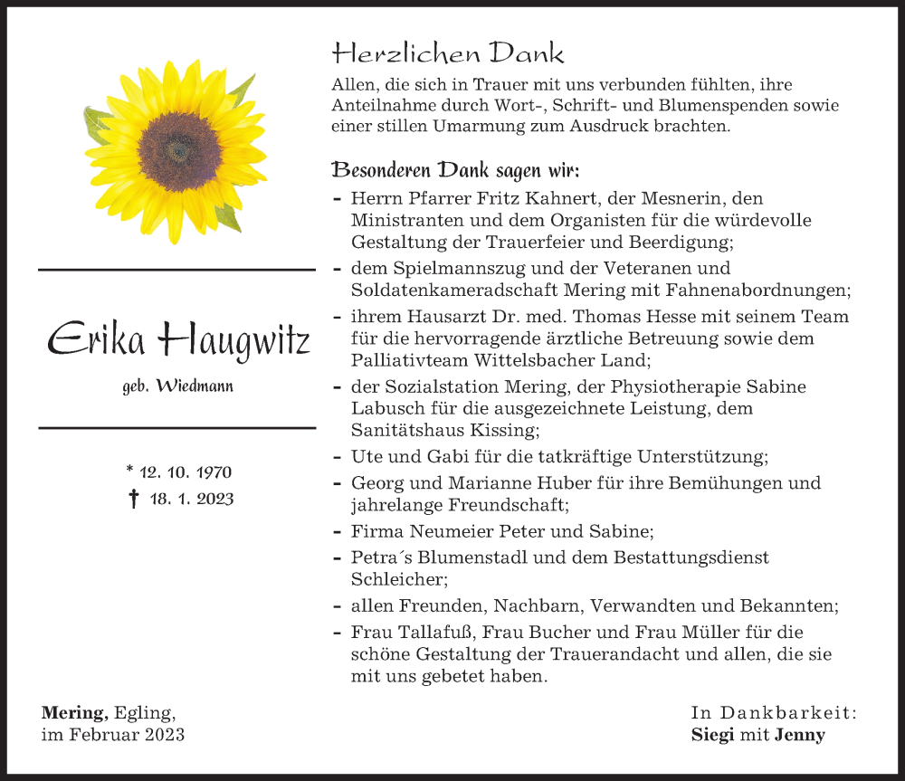  Traueranzeige für Erika Haugwitz vom 11.02.2023 aus Landsberger Tagblatt, Friedberger Allgemeine