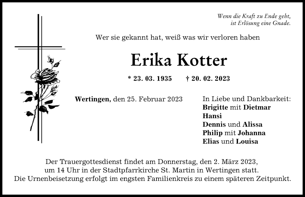 Traueranzeige von Erika Kotter von Wertinger Zeitung