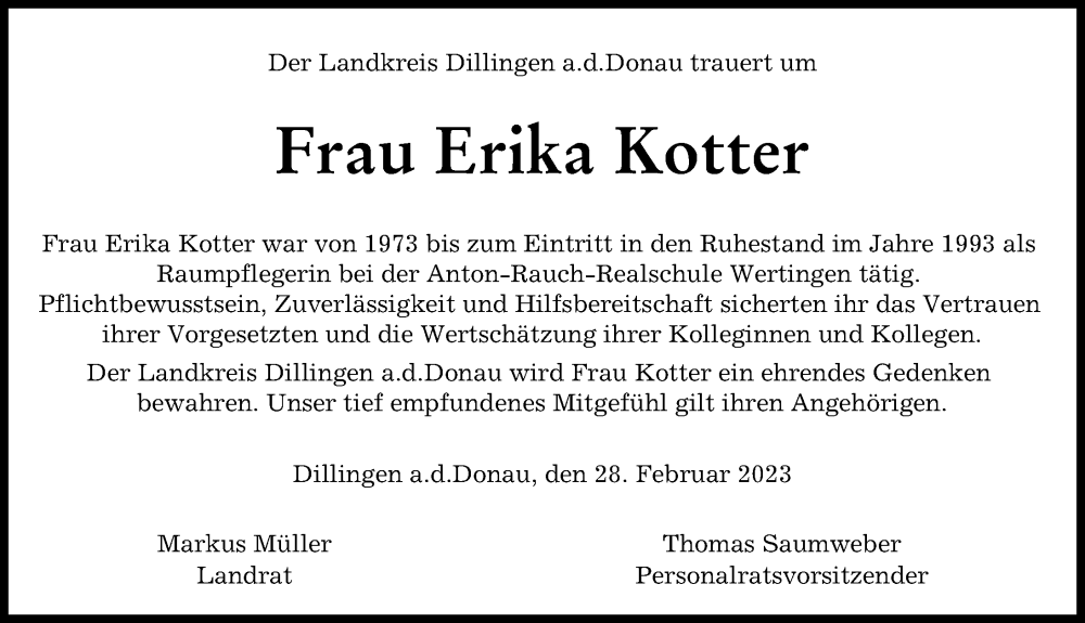 Traueranzeige von Erika Kotter von Donau Zeitung