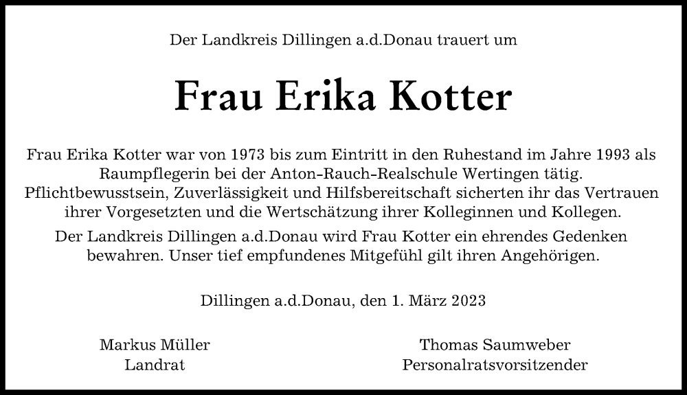 Traueranzeige von Erika Kotter von Wertinger Zeitung