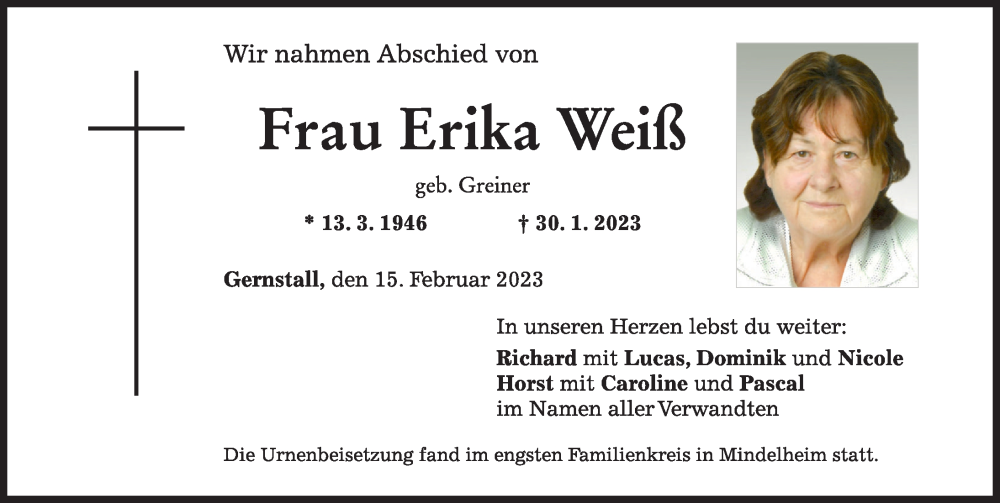 Traueranzeige von Erika Weiß von Mindelheimer Zeitung