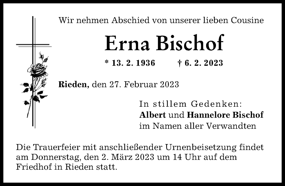 Traueranzeige von Erna Bischof von Günzburger Zeitung