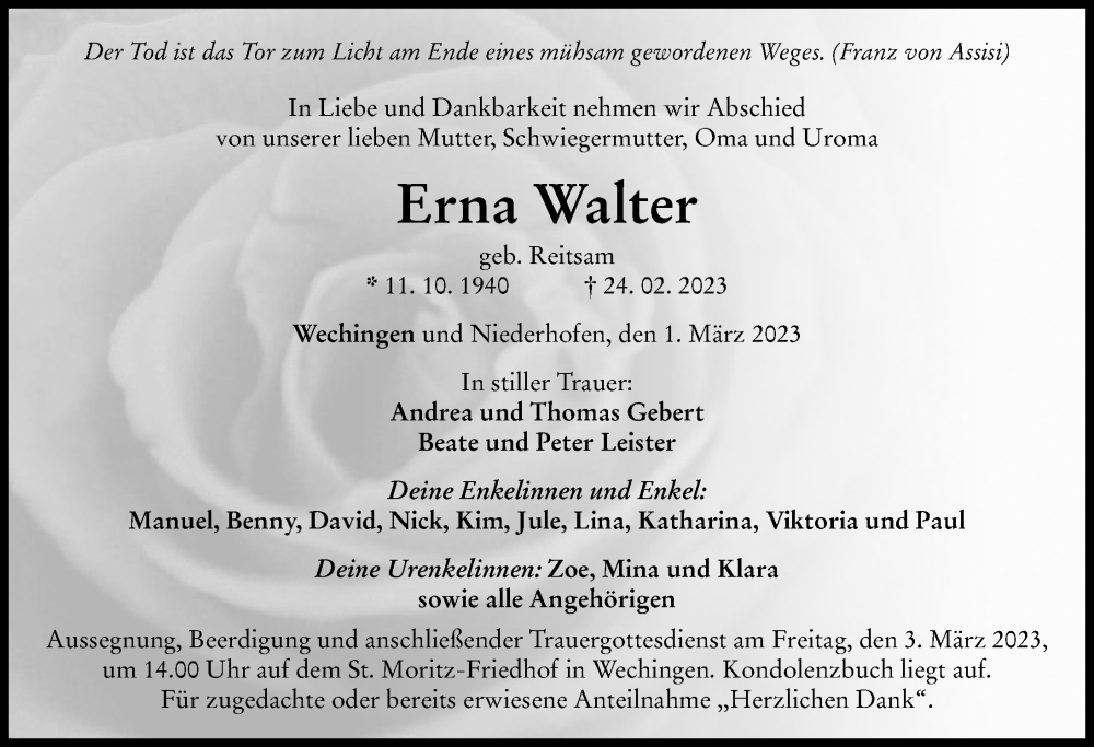 Traueranzeige für Erna Walter vom 01.03.2023 aus Rieser Nachrichten