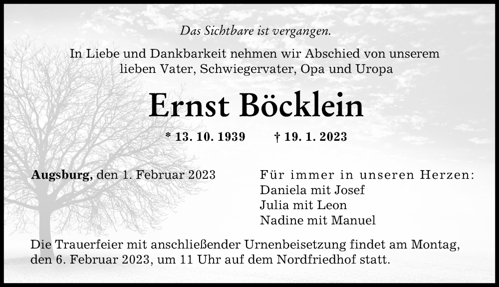  Traueranzeige für Ernst Böcklein vom 01.02.2023 aus Augsburger Allgemeine
