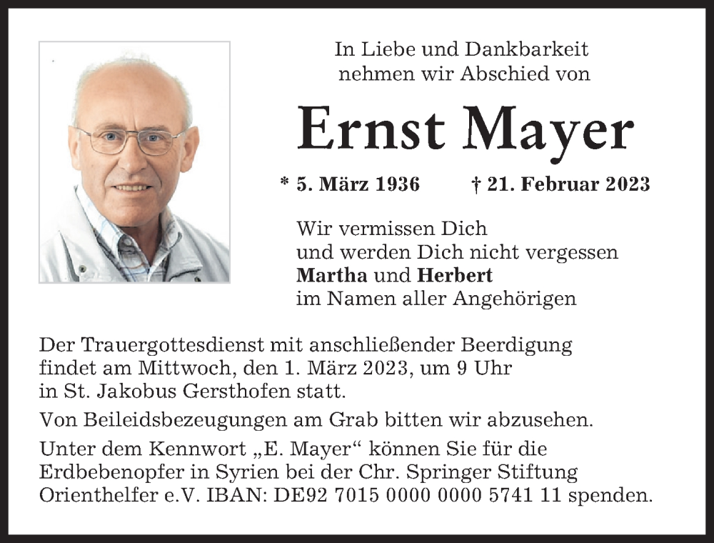 Traueranzeigen Von Ernst Mayer Augsburger Allgemeine Zeitung