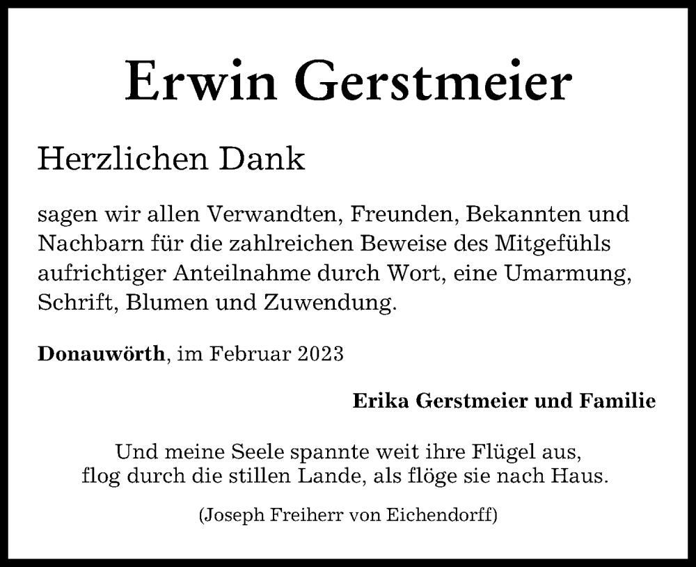 Traueranzeige von Erwin Gerstmeier von Donauwörther Zeitung