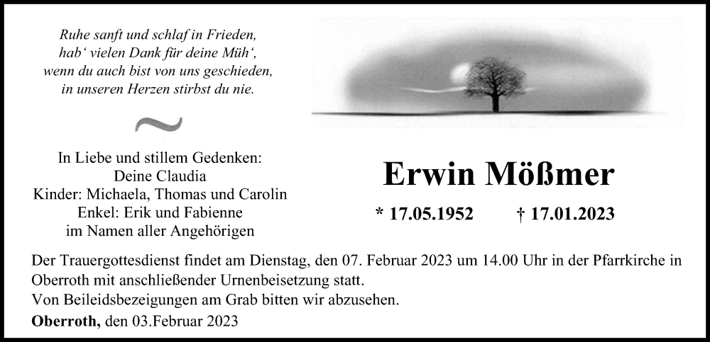  Traueranzeige für Erwin Mößmer vom 03.02.2023 aus Illertisser Zeitung