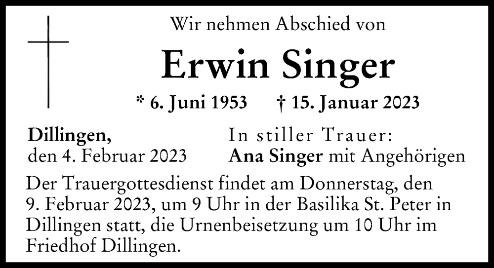 Traueranzeige von Erwin Singer von Donau Zeitung