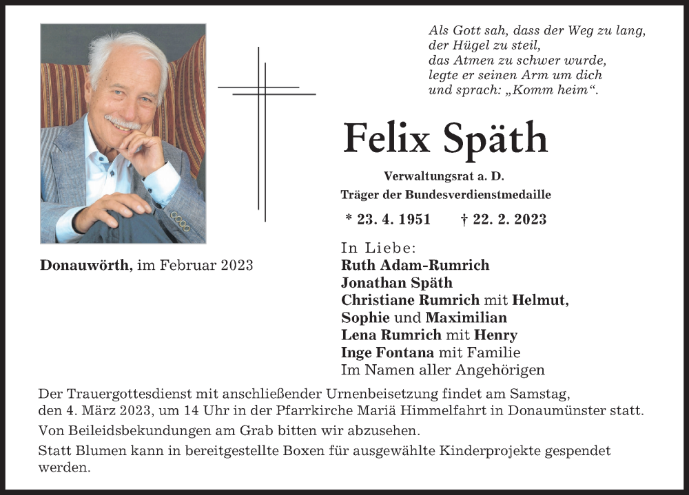  Traueranzeige für Felix Späth vom 28.02.2023 aus Donauwörther Zeitung