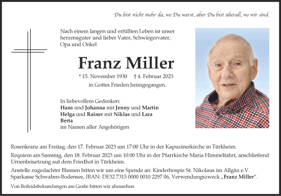 Traueranzeige von Franz Miller von Mindelheimer Zeitung
