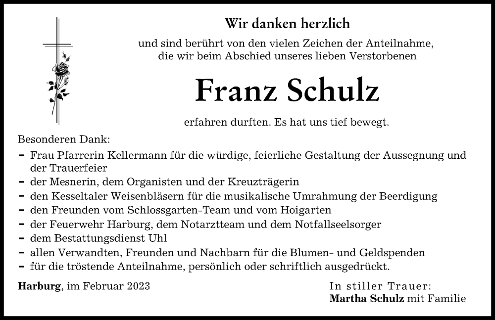  Traueranzeige für Franz Schulz vom 11.02.2023 aus Donauwörther Zeitung