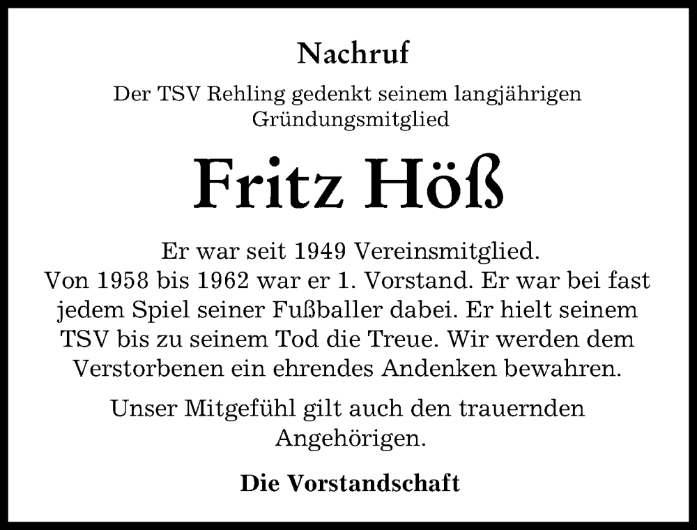  Traueranzeige für Fritz Höß vom 31.01.2023 aus Aichacher Nachrichten