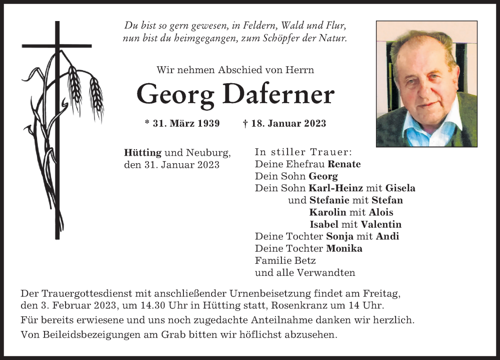  Traueranzeige für Georg Daferner vom 31.01.2023 aus Neuburger Rundschau