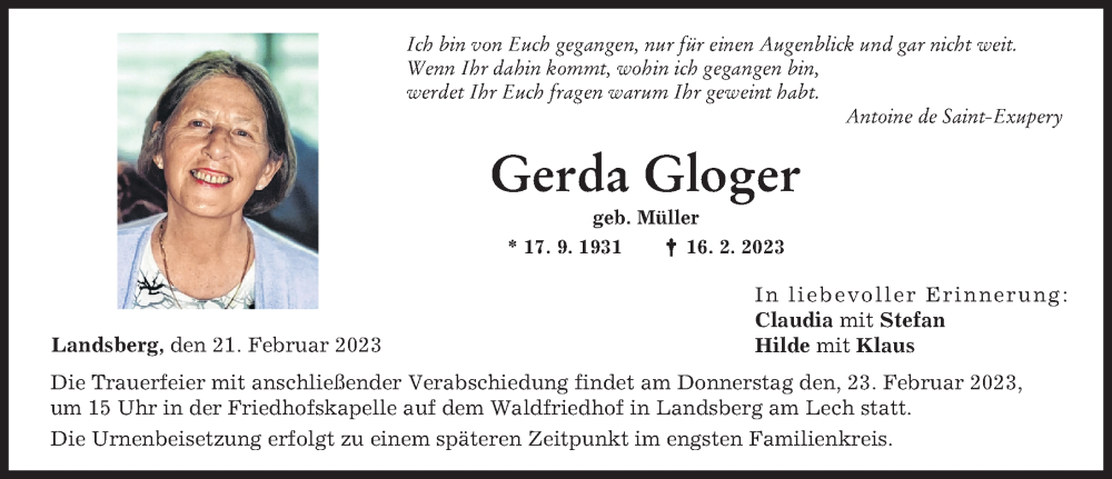 Traueranzeigen von Gerda Gloger | Augsburger Allgemeine Zeitung