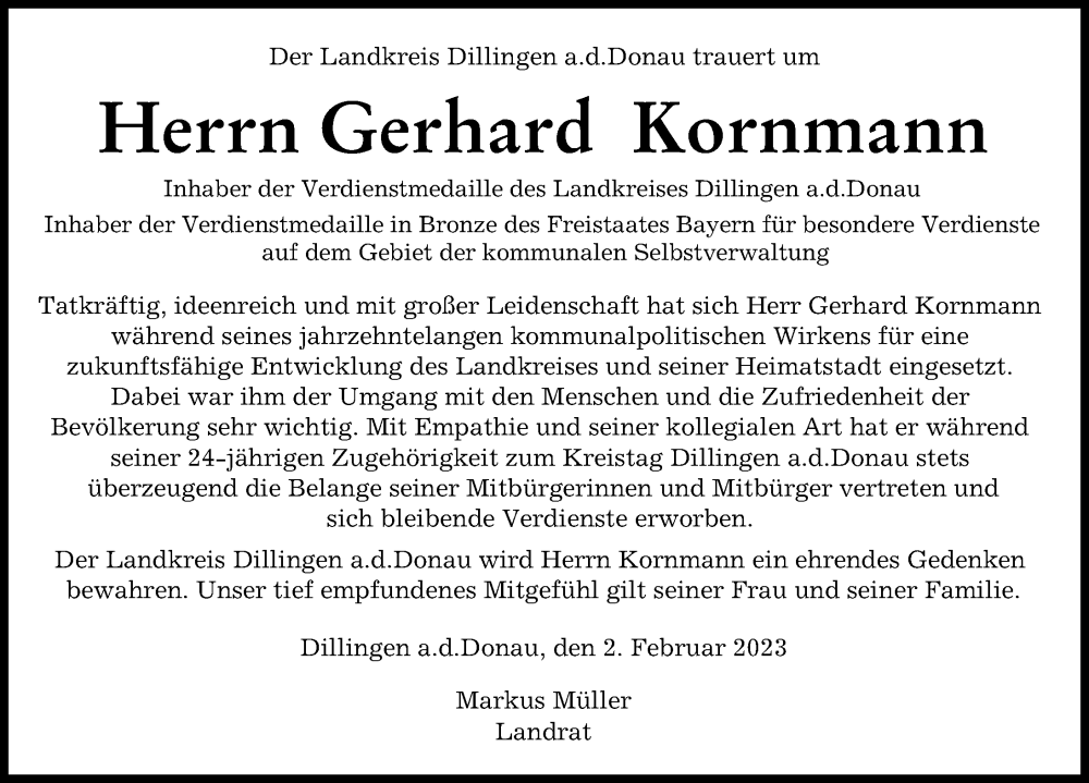  Traueranzeige für Gerhard Kornmann vom 02.02.2023 aus Donau Zeitung