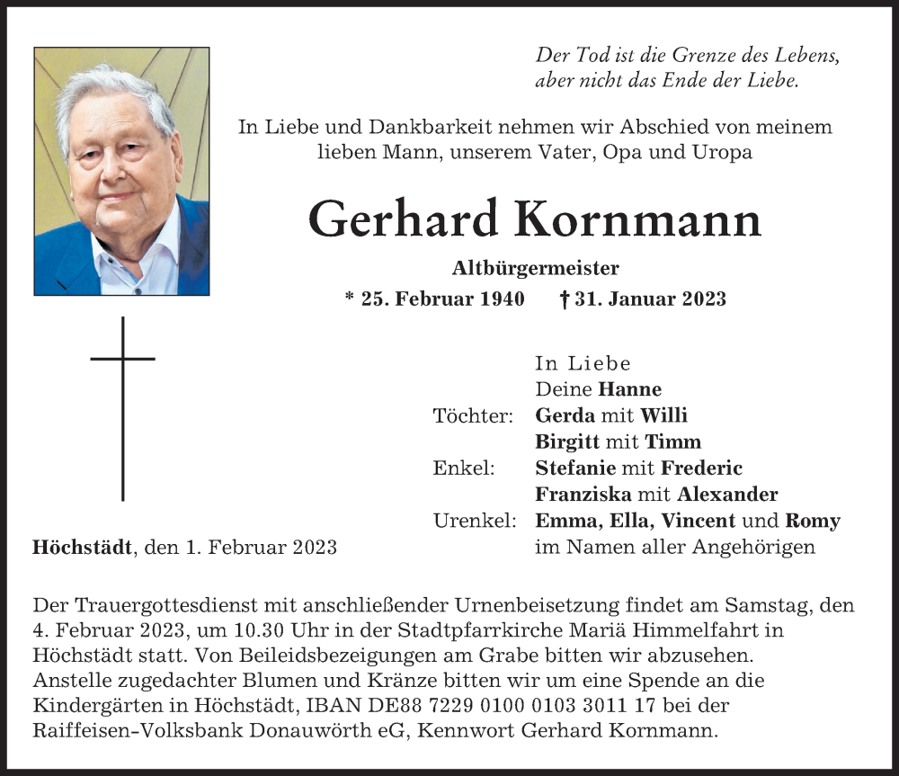  Traueranzeige für Gerhard Kornmann vom 01.02.2023 aus Donau Zeitung