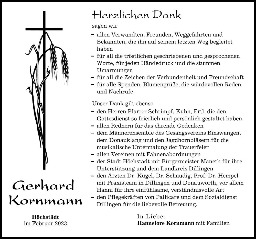  Traueranzeige für Gerhard Kornmann vom 11.02.2023 aus Donau Zeitung