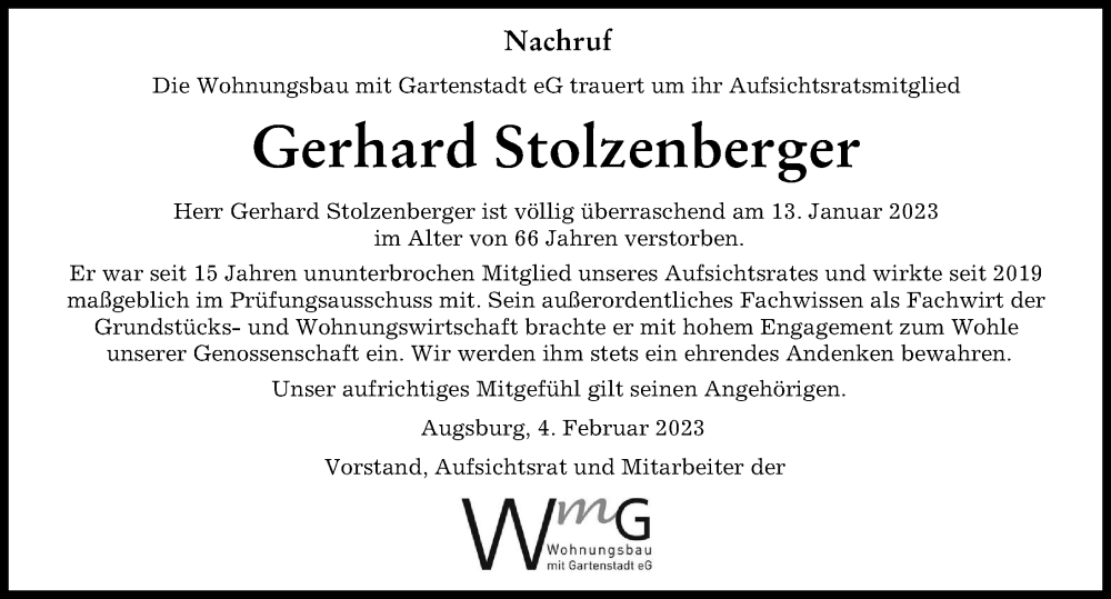  Traueranzeige für Gerhard Stolzenberger vom 04.02.2023 aus Augsburger Allgemeine