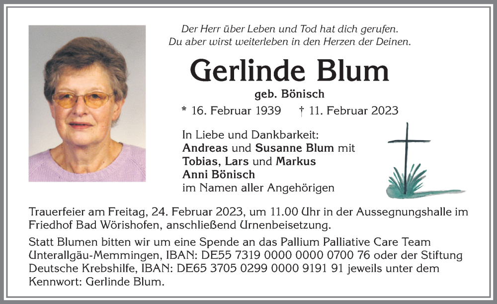 Traueranzeige von Gerlinde Blum von Mindelheimer Zeitung